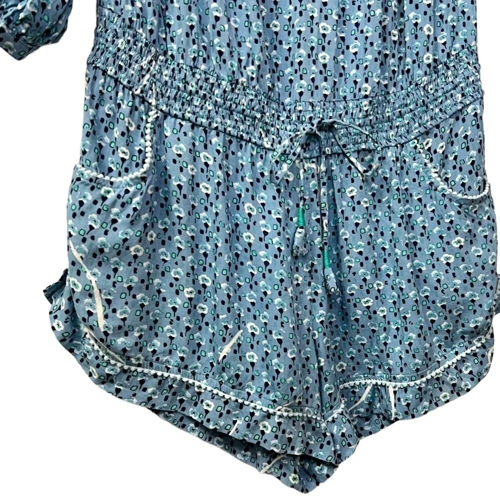 Poupette St. Barth Short Jumpsuit Clara Off Shoulder Blue Geo Flower Print L